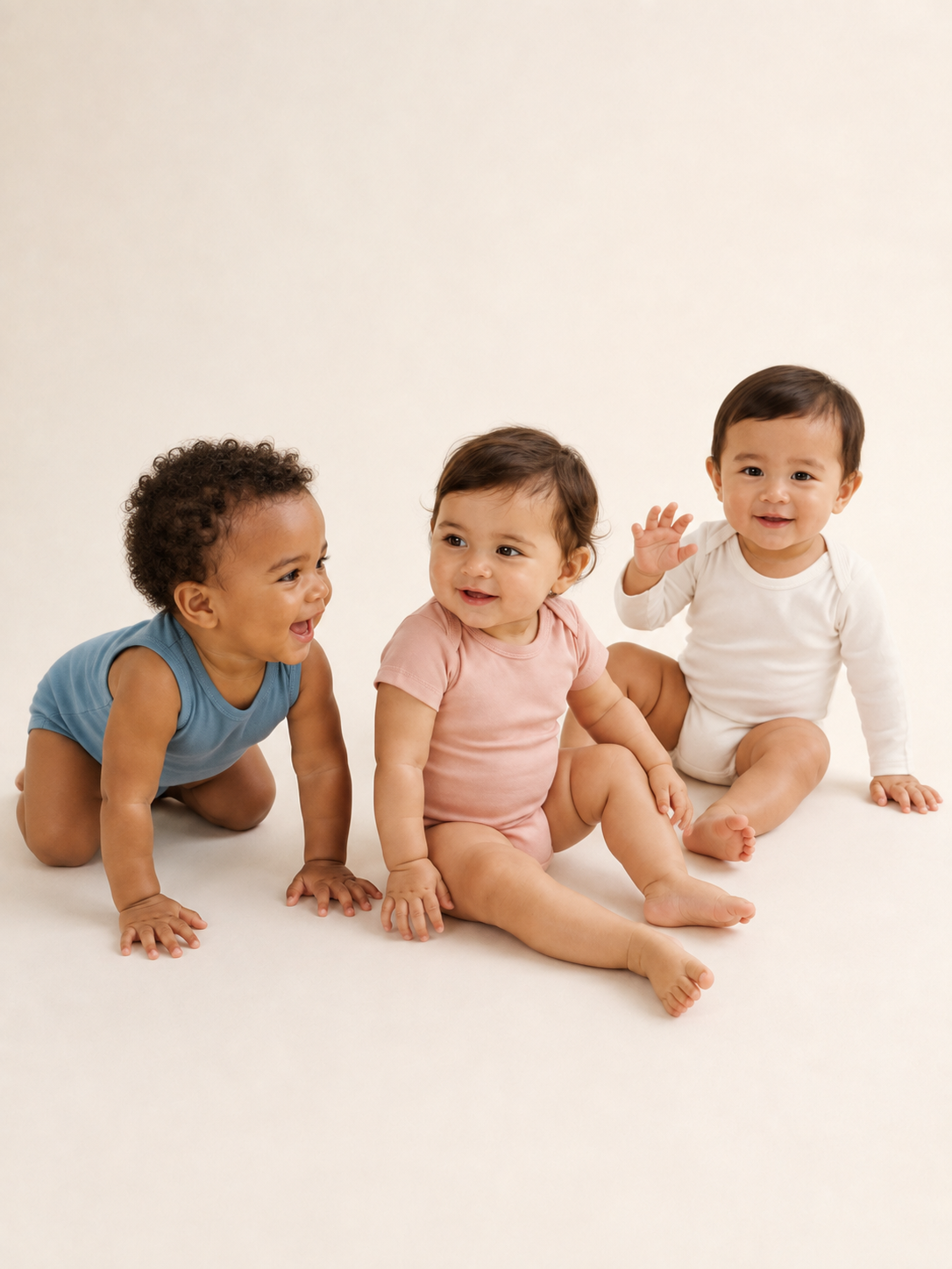 Three babies wearing blue, pink and white organic cotton bodysuits pose together against a warm cream studio background.
